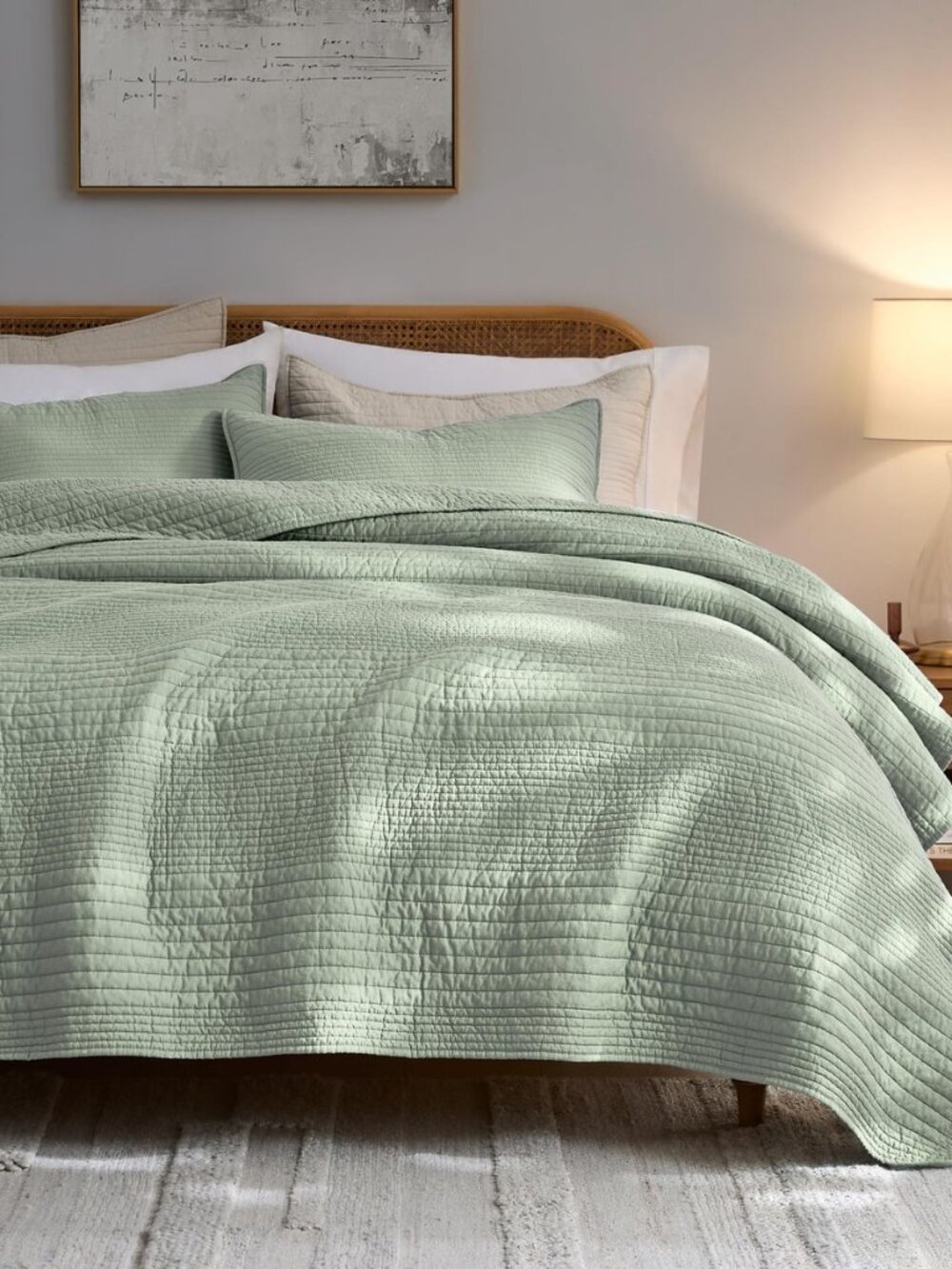 100% Cotton Striped Channel Quilt Set King Size, Sage Green
